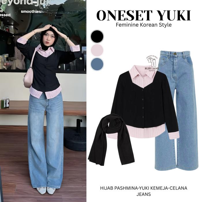 One set Yuki Korean Feminine Daily Wear (Pasmina Hitam - YUKI Top Kemeja Blouse Kombinasi -Kulot Jea