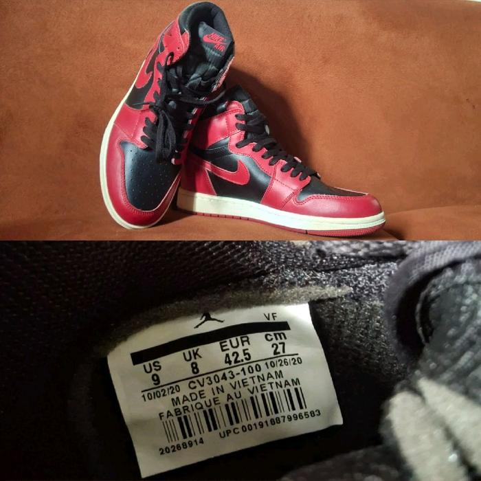 Nike Sepatu Sneakers Air Jordan 1 High Bred Hitam Merah CV3043-100 Ukuran 42.5 Made in Vietnam