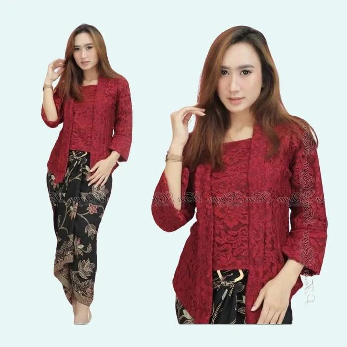 Stelan Kebaya Brukat Modern Kutubaru Maroon dan Warna lainnya