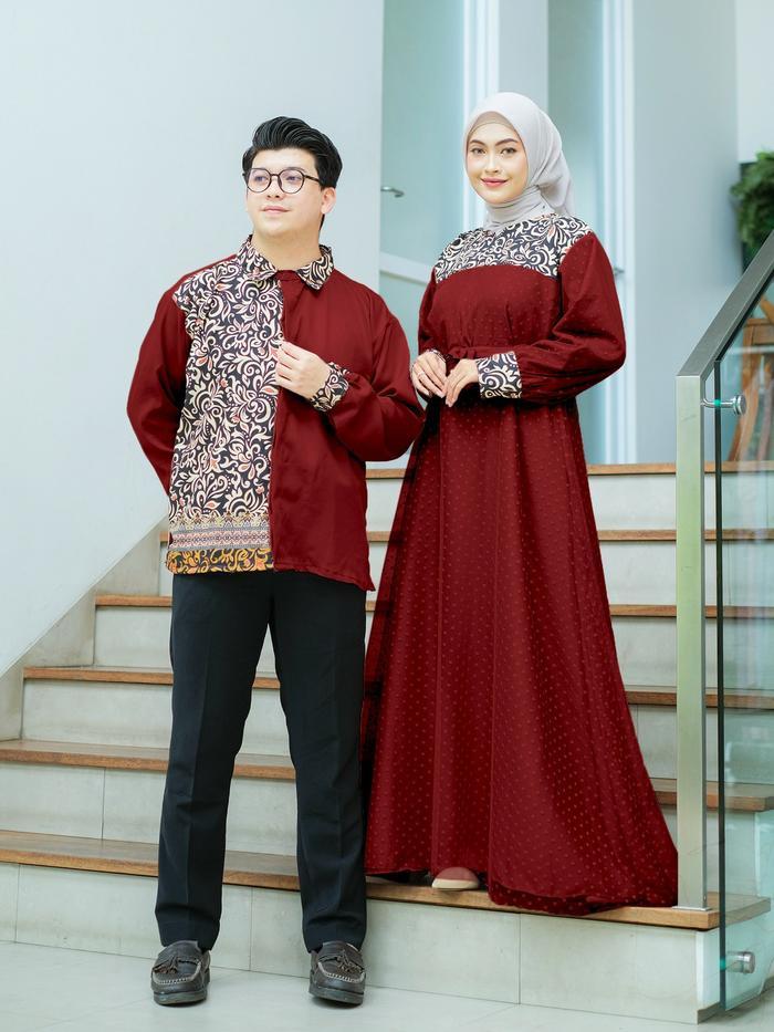Baju Couple Pasangan Lebaran Busui Motif Batik Keluarga Dan Kemeja Pria Lengan Panjang Faizal Gamis 