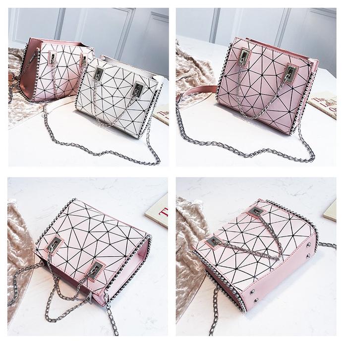 Tas Wanita Clutch Slempang Elegan Tali Rantai Motif Garis Premium BAGSTORE Hitam Pink Silver Putih