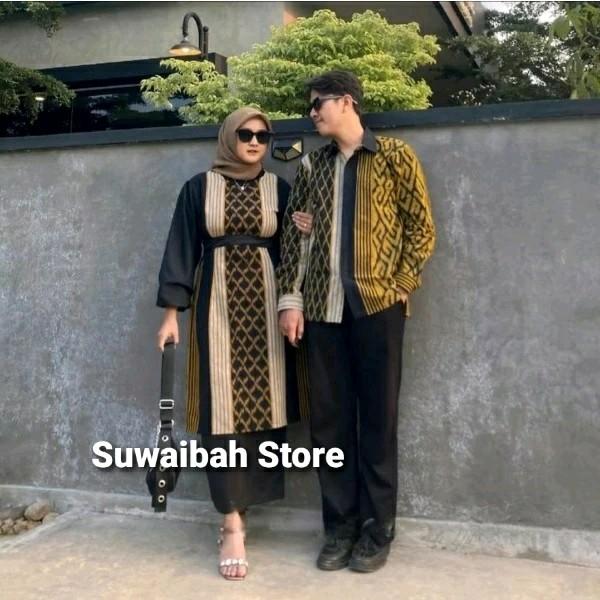 Baju Couple Tenun Ayyana - Tunik Long dan Kemeja Tenun Motif Toraja Kuning - Set Couple Pasangan Kel