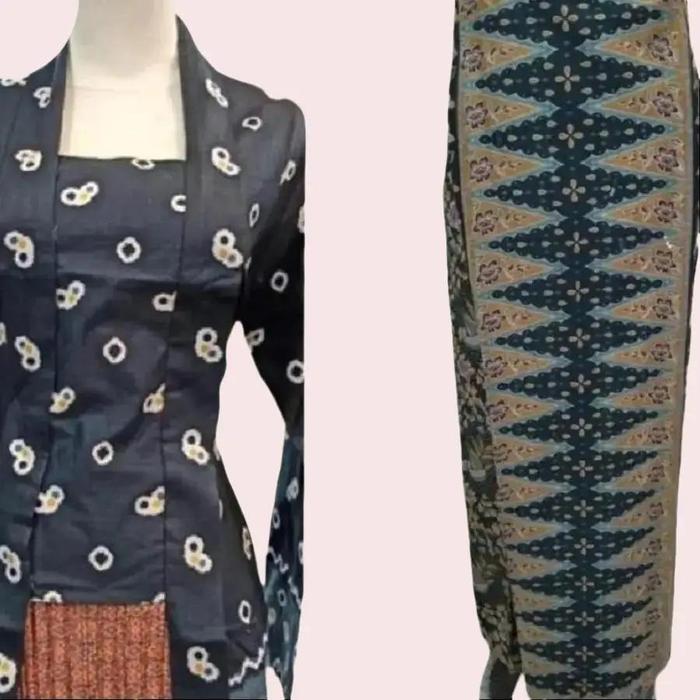 Setelan Kebaya Model Kutu Baru Modern Jumputan Bahan Kain Katun Batik Warna Hitam Wanita Dress Kombi