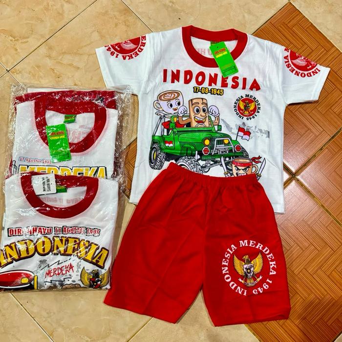 Baju Anak Indonesia Merdeka 1945 Setelan Putih dan Merah dengan Desain Mobil Hijau dan Logo Garuda s