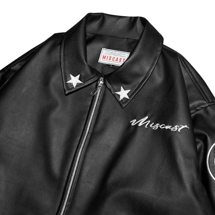 Miscast Leather Varsity Jaket Vintage Phantom Black Full Bordir Kulit Motor Bahan Polos Jaket Bomber