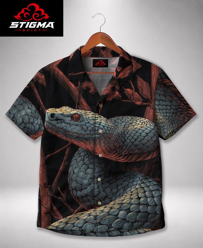 STIGMA Kemeja Motif Ular Piton Reptil Snake Scale Hawaiian Black Red Kemeja Premium Adem - STY021