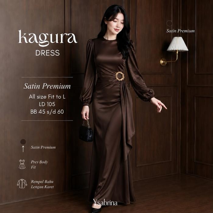 Kagura Dress Satin Premium Maxi Bridesmaid Elegan Pres Body Fit Rempel Bahu Lengan Karet Warna Dark 