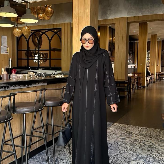 JAUHARA -SYAUQIYAH • Dress abaya turkey hitam garis abu- Baju gamis turki terbaru mewah dan elegan