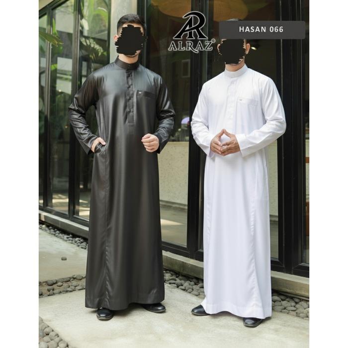 Alraz Jubah Polyester Hitam Putih Hasan – Gamis Alraz Pengan Panjang Polos Tanpa Manset Bahan Polies