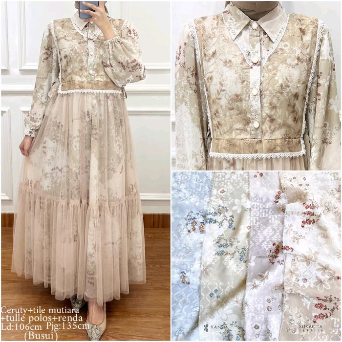 I LOVE CAVELL Pakaian Muslim Wanita Dress Gamis Tiga Lapis Ceruti Tulle Full Furing Premium Kerah Le