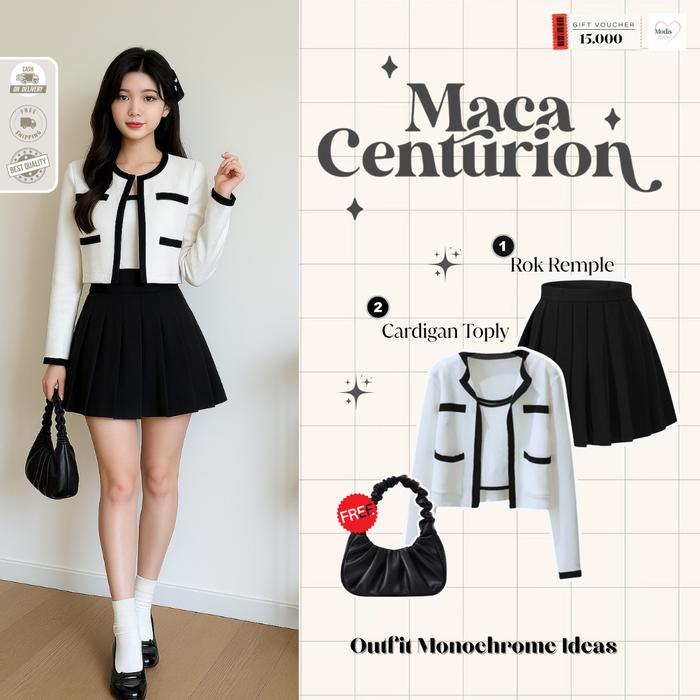 Modis - 1 Set Outfit Remaja Perempuan  Cantik  Baju   Formal  | Cardigan Toply Putih, Rok Remple Hit