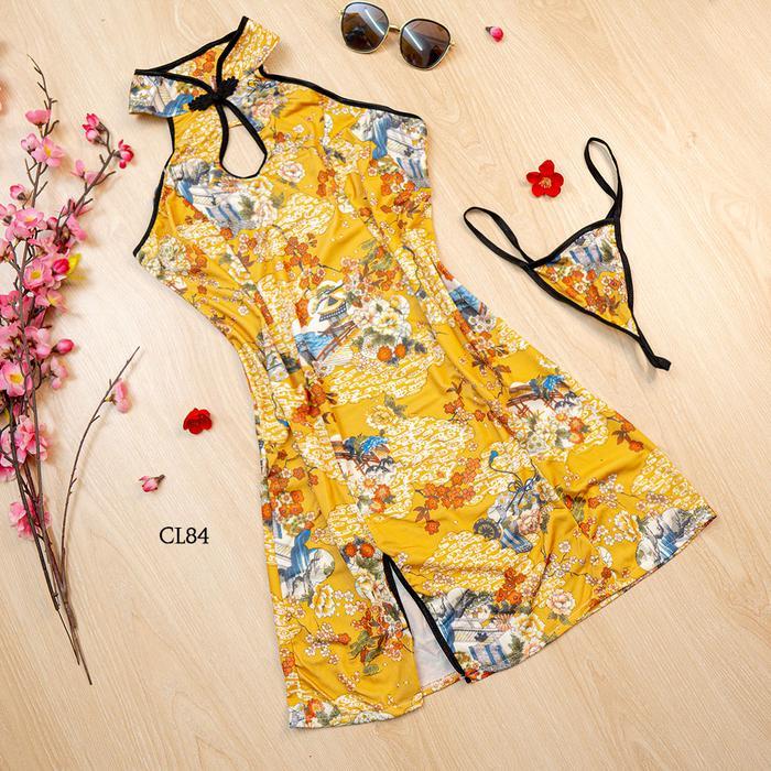 TERPERCAYA Sexy Kostum Lingerie Baju Tidur Kuning Cheongsam CL84