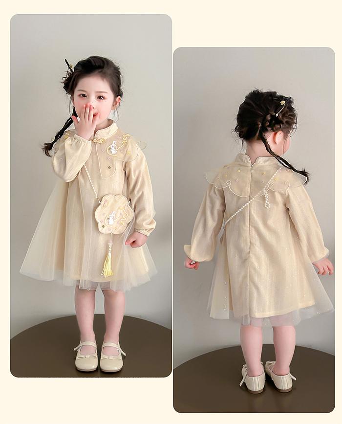 Dress Qibao Cheongsam Imlek CNY Anak Perempuan Lengan Panjang Pink, Gold