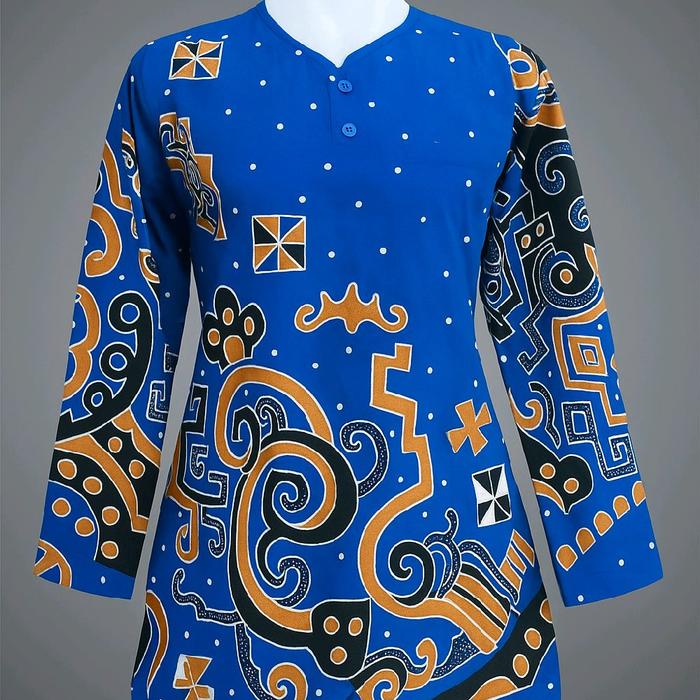 atasan tunik wanita motif batik lampung biru lengan panjang bahan katun premium berlapis furing