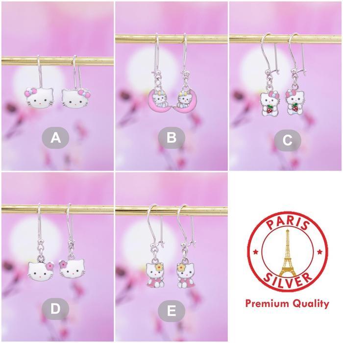 Anting Anak Hello Kitty Perak Asli Silver 925 Lapis Emas Putih Cewek Warna Bandul Kait Pasti Promo