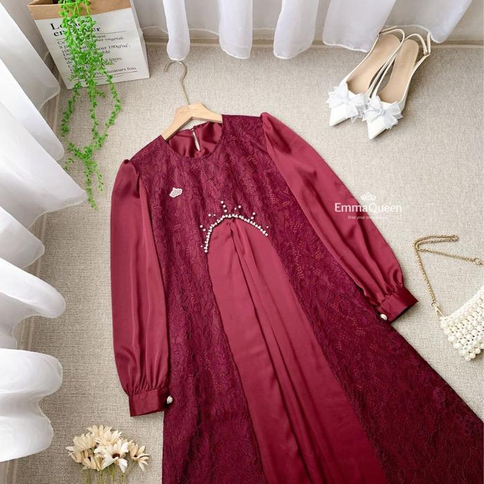 EmmaQueen - Dress Alessia gamis lebaran 2026 model gamis terbaru Brukat Silk Variasi Mutiara XS-XXL 