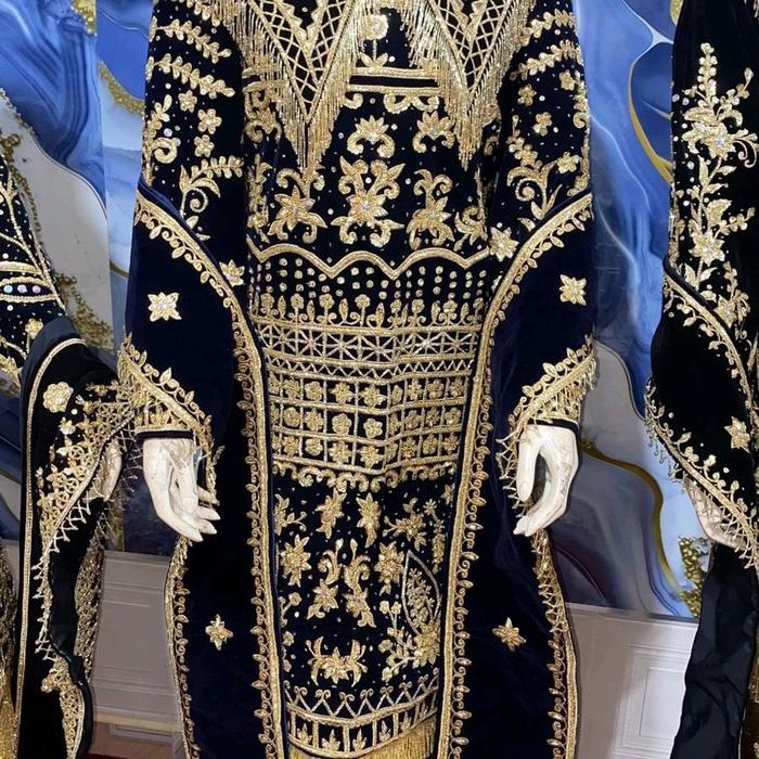 baju pengantin minang bahan milano warna biru navy