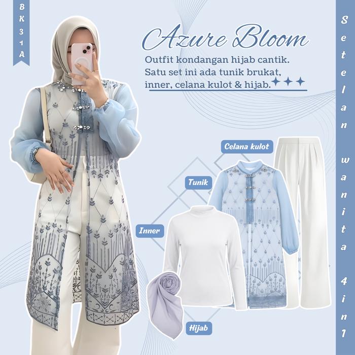 One Set 4in1 Setelan Baju Kondangan Wanita Atasan Tunik Brokat Inner Celana Kulot Dan hijab Fashion 