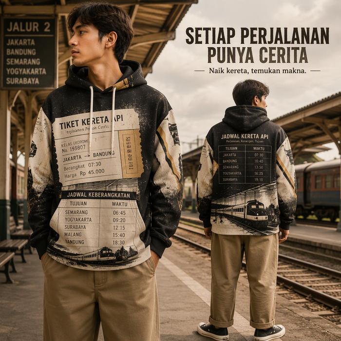 Hoodie Pria Oversize Hitam Motif Tiket Kereta Api Bergaya Vintage