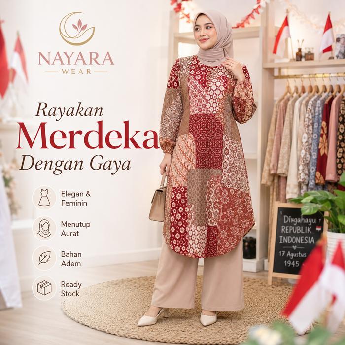 Tunik batik patchwork merah‑coklat gaya merdeka, model feminin menutup aurat, kain sejuk ringan, rea