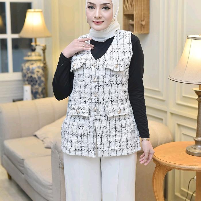Vest Seri Bahagia 001 Putih/ Vest Tweed / Rompi Tweed / Rompi Tweed Premium Top Atasan Wanita