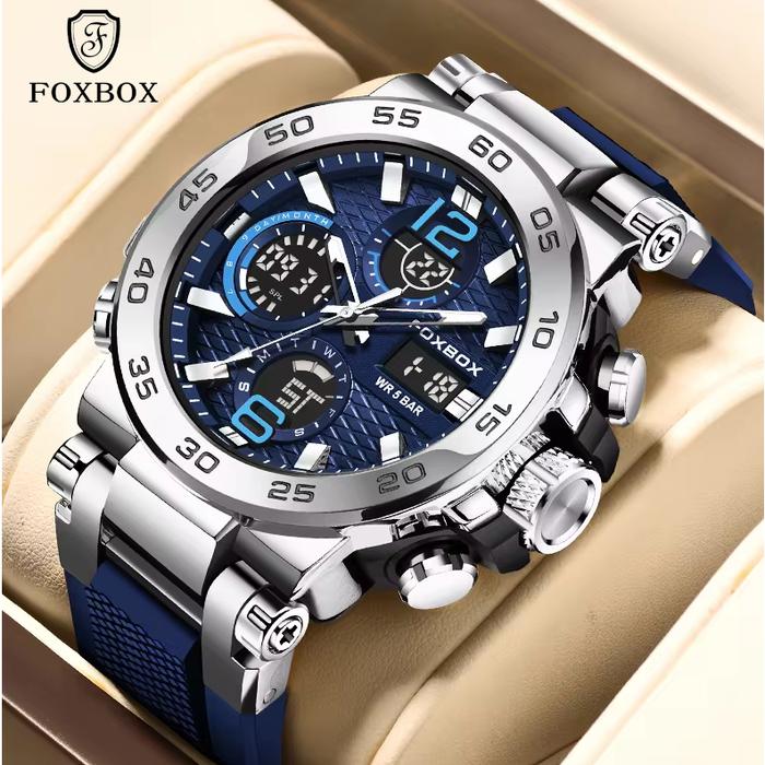 FOXBOX Jam Tangan Pria Anti Air Original LIGE Digital Analog Asli Tali Silikon Jam Tangan Cowok Kuar