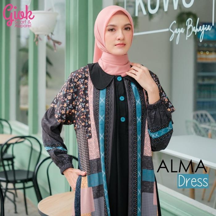 Alma Dress by Giok Scarf - Dress printing motif warna hitam pink Wanita Muslim Gamis