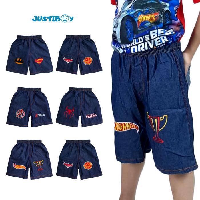 Celana Pendek Denim Anak Laki Laki Bordir Logo Karakter Kartun dan Superhero