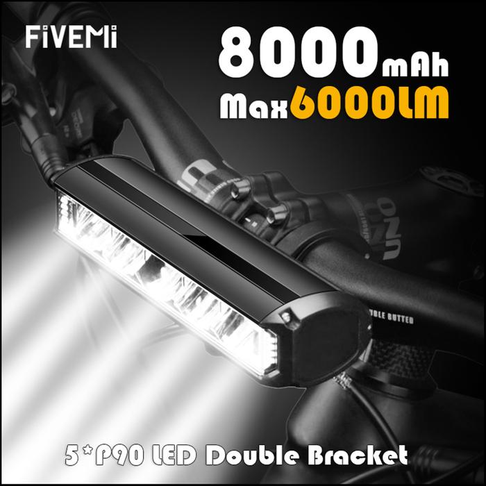 Fivemi 5LEDS Bicycle Light Front 6000LM Bike Light 8000mAh Waterproof Flashlight USB Charging MTB Ro