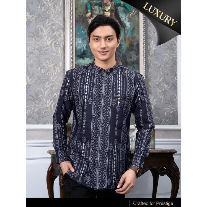 HAVAR Siraj Navy Kemeja Koko Muslim Premium Slimfit Lengan Panjang