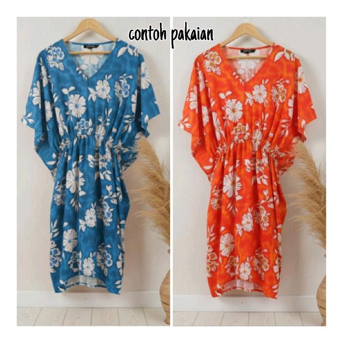 Kain Rayon Viscose HQ Motif Tie Dye Bunga Kamboja Biru Orange | Bahan Daster Mukena Adem Jatuh (Harg