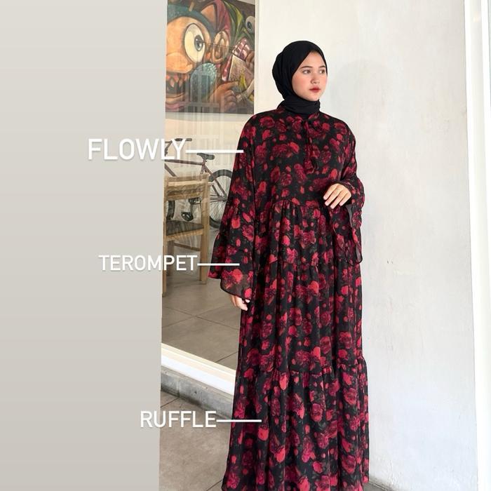 SASHEENA - Elma Dress Muslim Wanita Gamis Cantik Panjang Maxi Casual Motif Bunga Bahan Sifon Import