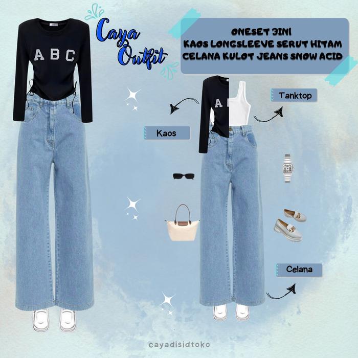 CY 268 - outfit caya tanktop putih kaos longsleeve serut abc hitam dan celana kulot jeans snow acid 