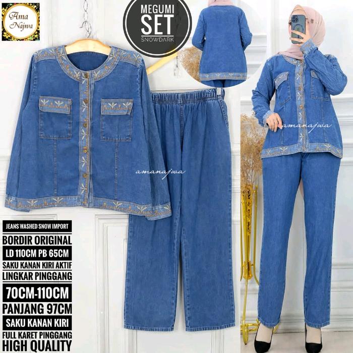 megumi set best seller bahan jeans wash bordir ld 110 pb 65 saku kanan kiri aktif lp 65-110 pc 97 sa