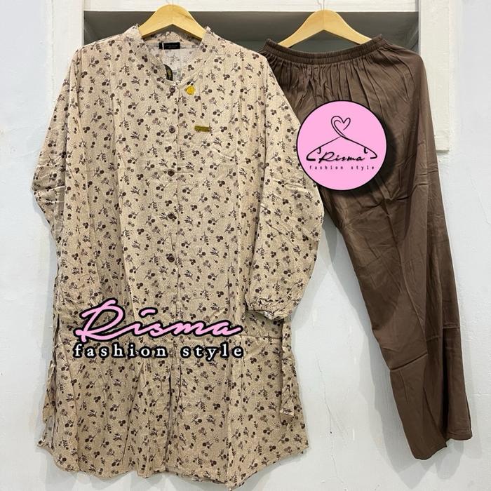 Setelan Tunik Rayon Zahra Motif Bunga Bahan Rayon Twill Premium Kombinasi Polos Setlong wanita Setel