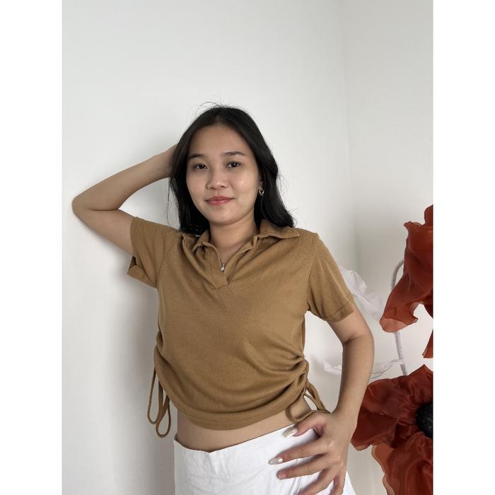 ANGEL Baju Atasan Wanita - Crop Top Basic - Kaos Polo Berkerah Rib Polos - Knit Top Wangki - Atasan 