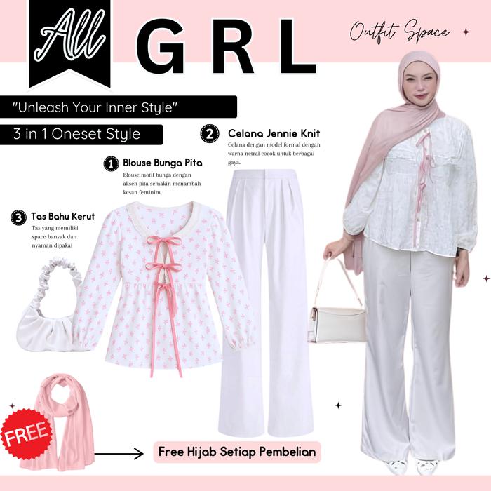 One Set Pink Outfit Kerja ( Hijab Pasmina Ceruty Dusty Pink, Atasan Blouse Katun Motif Bunga Pink, B