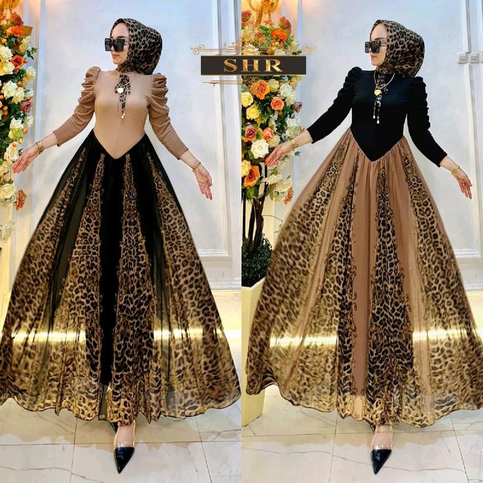 NEW SHR ORI DRESS MAXI GAMIS LEOPARD kaos rajut mix ceruty syahira