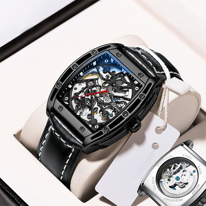 Jam Tangan Pria Mekanik Otomatis Skeleton Model Tonneau Kotak Tali Kulit Tampilan Keren Mewah Lumino