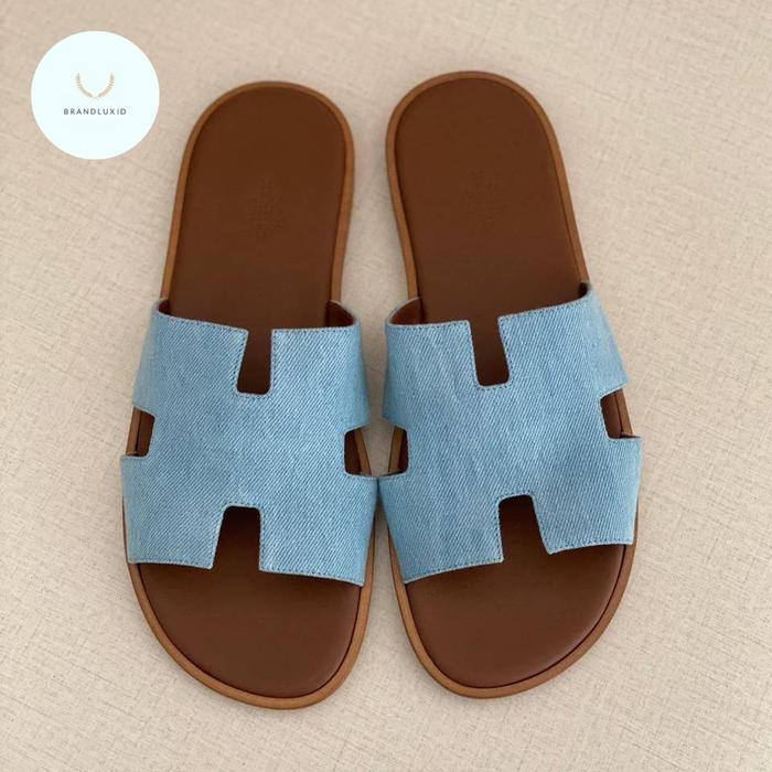 Hermes Sandal Slides Men Izmir Denim Blue Jeans Clair & Vert Fonce Epsom