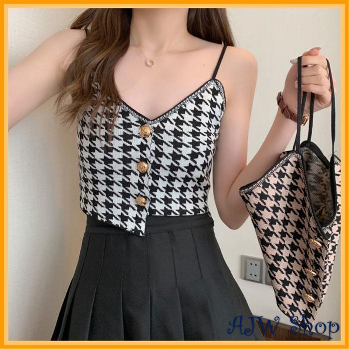 Promo AJW [QAR] Tank Top Wanita Houndstooth Kancing Aktif Knit Premium | Tangtop Wanita Houndstooth 