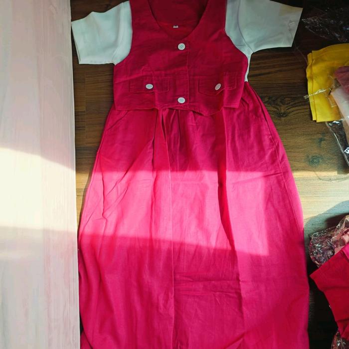 over all set pink fanta baju anak perempuan . maxi dress inner dan outer