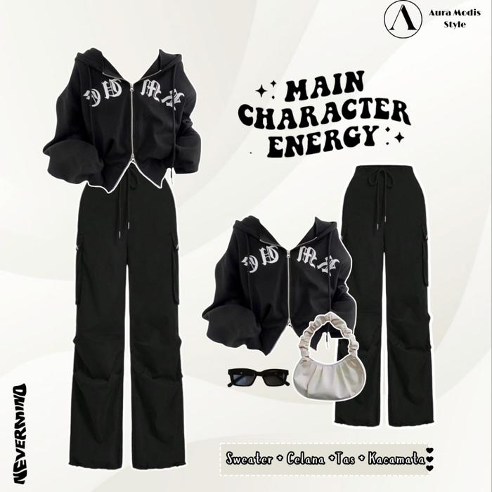TERBARU Setelan 4in1 nita | Sweater Crop Fleece Adem | Celana Cargo Hitam Jumbo Anti Gerah | OOTD Ko