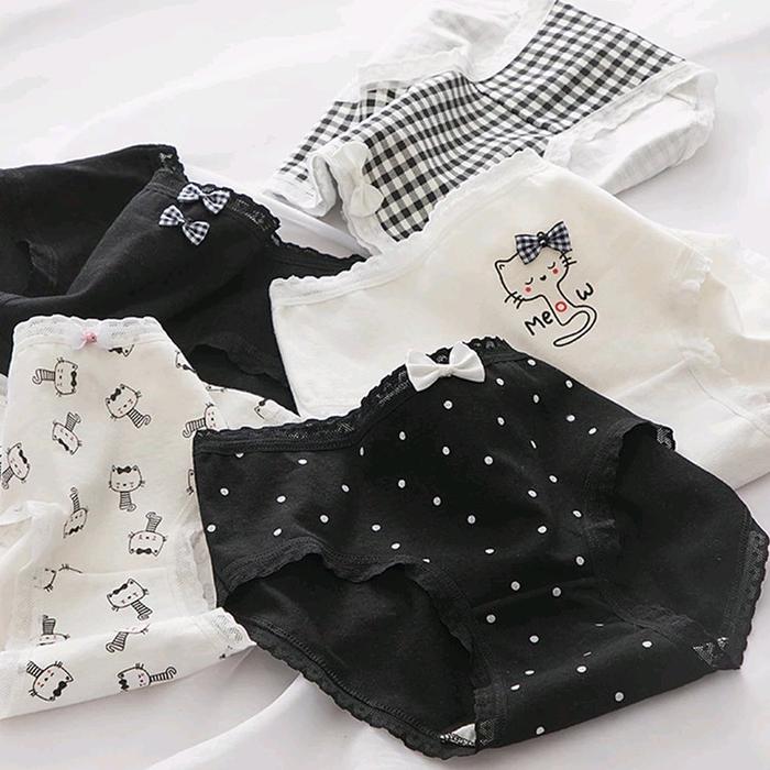 CD wanita celana dalam wanita imut kekinian  isi 6 pcs Katun Hitam Dewasa Waist Cewek Motif Nyaman S