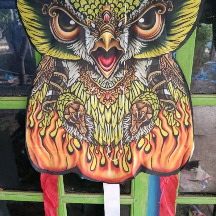 layangan celepuk api kuning lagang layang burung hantu fiber dan kain