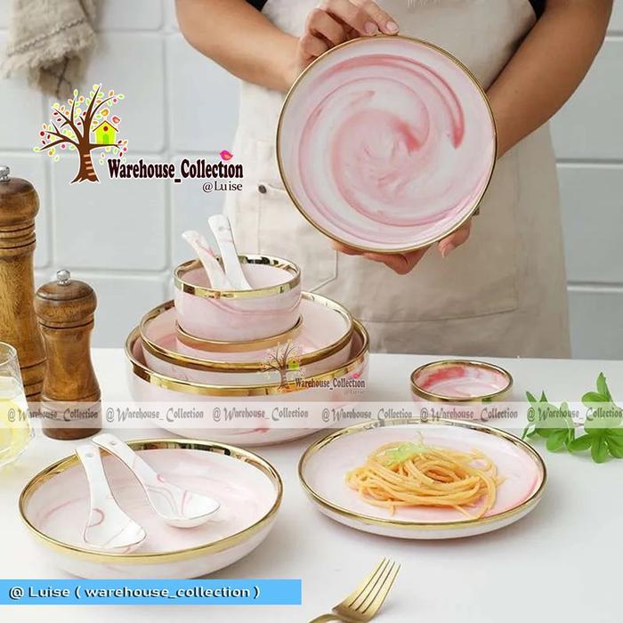 PIRING MANGKOK Keramik Marble List Gold / PIRING SULTAN/ PIRING MARMER MARBEL GOLD RIM