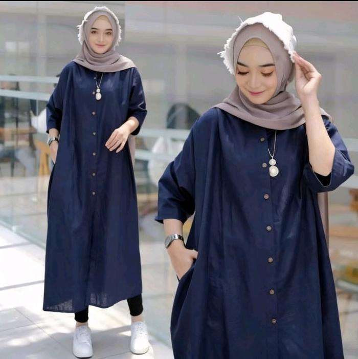 Edmora Midi Baju Dress Bahan Linen Rami Premium Dres Tunik Pakaian Wanita Muslim Terbaru Kekinian Mo