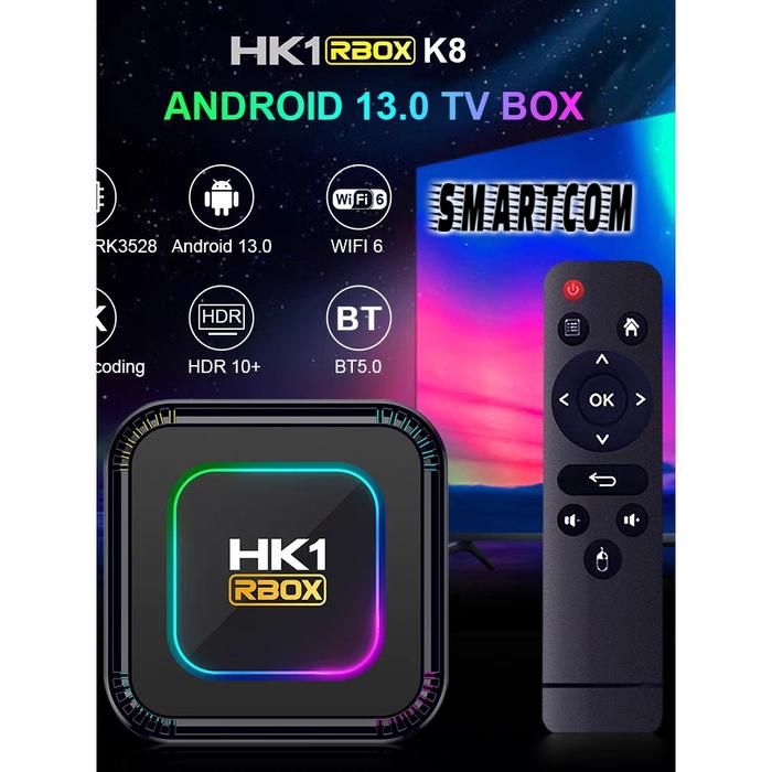 SMARTCOM ~ Android Smart TV BOX HK1 RBOX K8  Android 13 4GB 64GB 8K Rockchip RK3528 Unlock