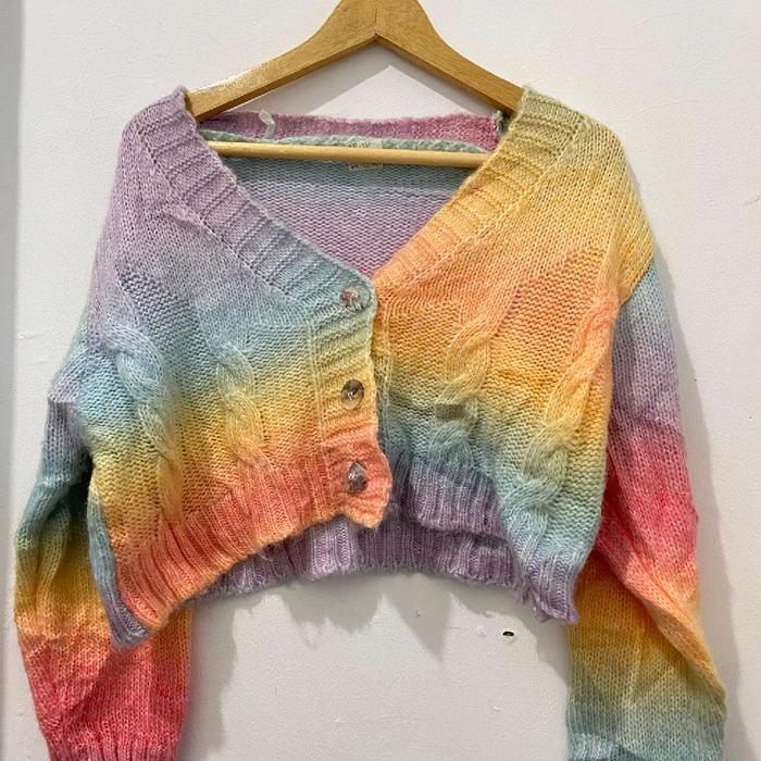 Cardigan rajut rainbow crop