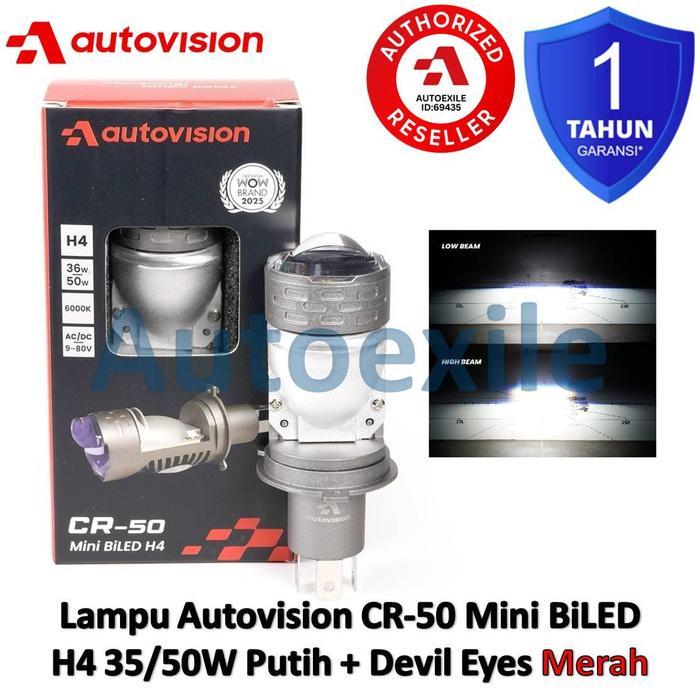 AUTOVISION CR-50 MINI BILED H4 AC DC BLUE LENS PUTIH 6000K WHITE + DEVIL EYES RED MERAH FLAT CUF OFF